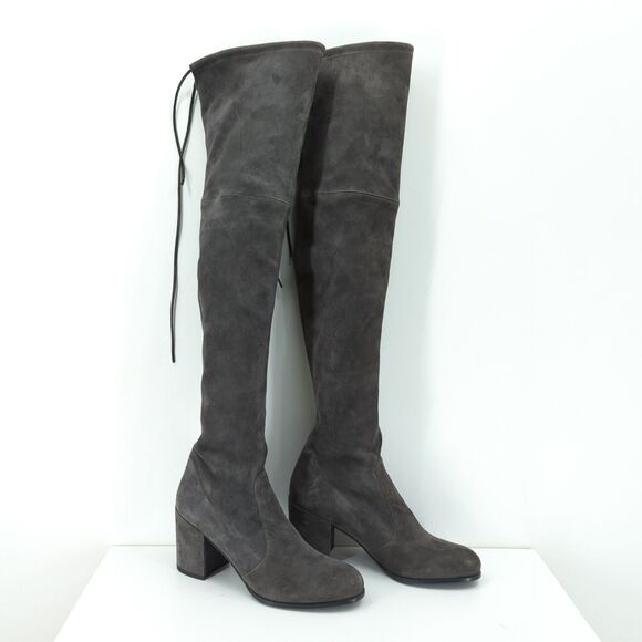 Stuart Weitzman Women 10 Tieland Boots Gray Suede OTK Almond Toe Block Heel Tie